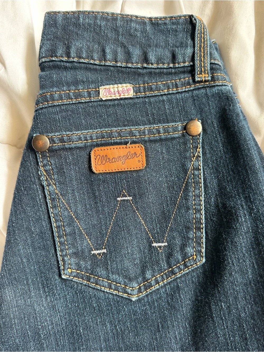 Wrangler Premium Patch Jeans in Dark Blue Denim with Contrast Stitching